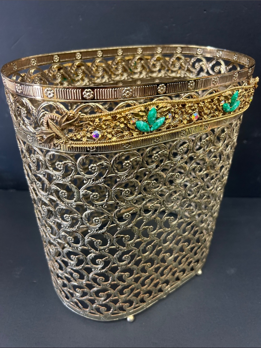 Vintage Hollywood Regency style ornate gold tone metal waste basket